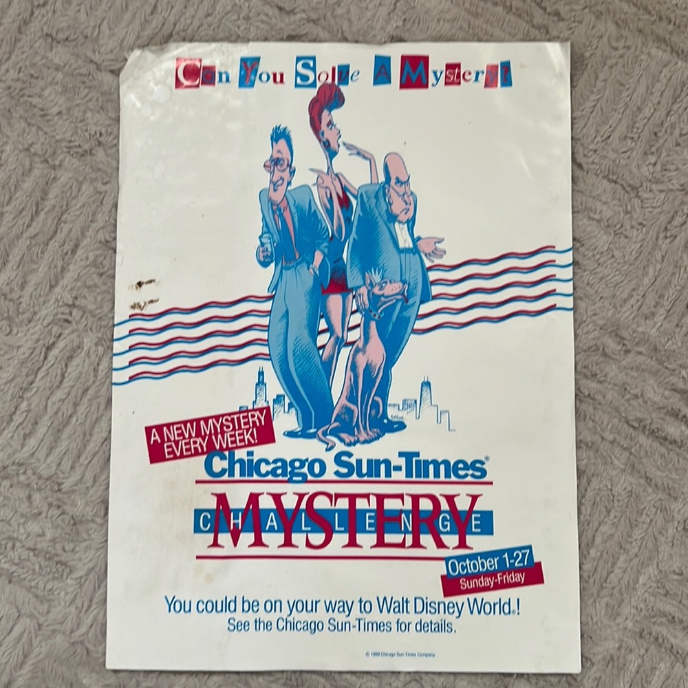 Vintage 1989  Chicago Sun-Times poster sign Mystery Challenge